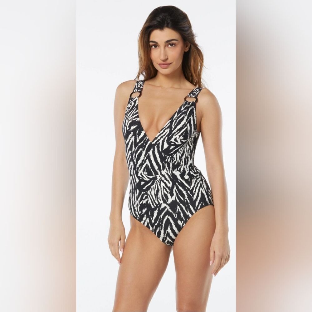 Carmen Marc Valvo V Neck One Piece Swimsuit Resort Zebra NWOT Size 10